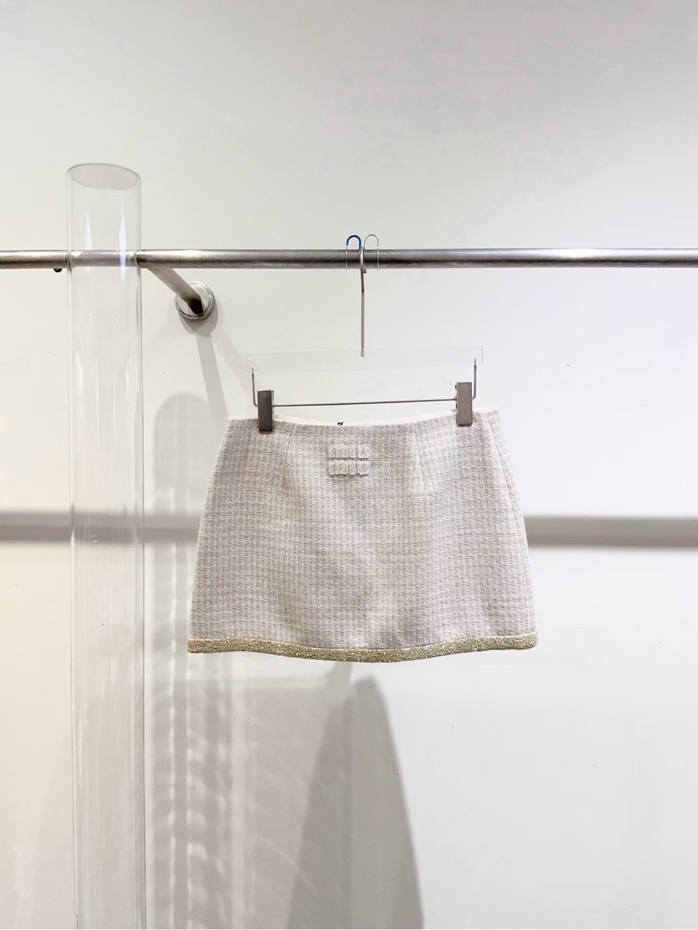 Miu Miu Cream Tweed Mini Skirt with Gold Hem